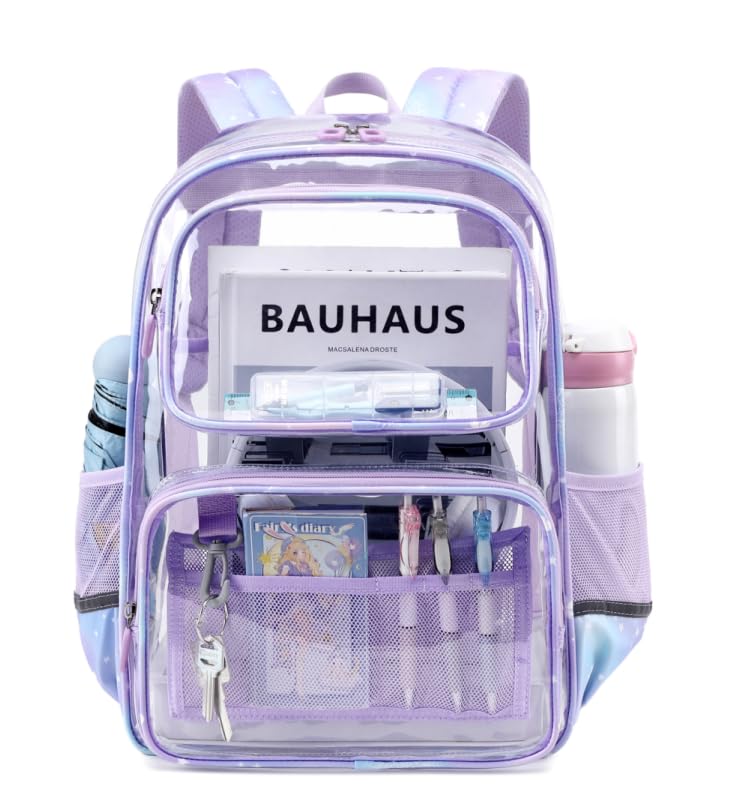 Sisipoet Clear Backpack for Girls with Cherry Blossom Print, Heavy Duty Transparent Bookbag for School, Stadium, and Concert, Purple - color: Purple