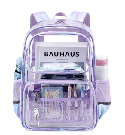 Sisipoet Clear Backpack for Girls with Cherry Blossom Print, Heavy Duty Transparent Bookbag for School, Stadium, and Concert, Purple - color: Purple