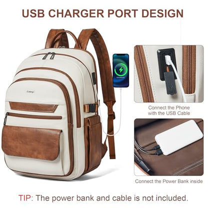 Vegan Leather Backpack, TSA Travel Backpack for Men and Women, Fits 17.0 Inch Notebook with Luggage Strap and USB Port, Beige - color: Beige