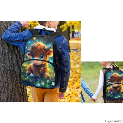 Cute Highland Cow Backpack for Girls Kids Backpack with Lunch Box Water Bottle Holder with Strap and Pencil Case Pouch 4Pcs Set 17" Bookbag with Large Front Pocket Sturdy Elementary School Bag - color: Cute Highland Cow-1