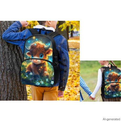 Cute Highland Cow Backpack for Girls Kids Backpack with Lunch Box Water Bottle Holder with Strap and Pencil Case Pouch 4Pcs Set 17" Bookbag with Large Front Pocket Sturdy Elementary School Bag - color: Cute Highland Cow-1