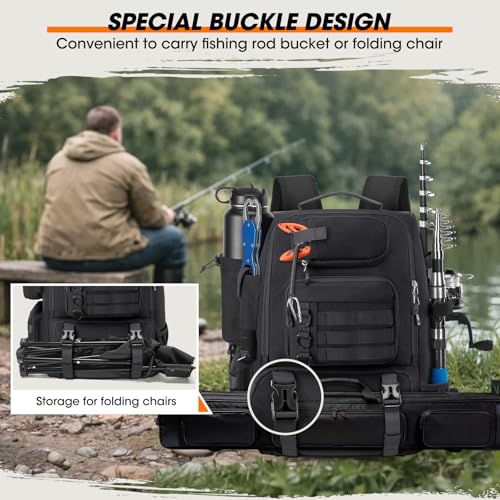 RAINSMORE Fishing Backpack with Rod Holders & Cooler 40L Water Resistant Tackle Backpack with Rain Cover Store Fishing Gear - color: Black