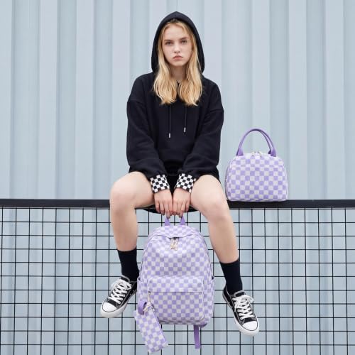 LEDAOU Kids Backpack for Girls Backpacks with Lunch Box, Lightweight Bookbag Set Elementary Middle School Back pack for 8-14 - color: Purple Checkered