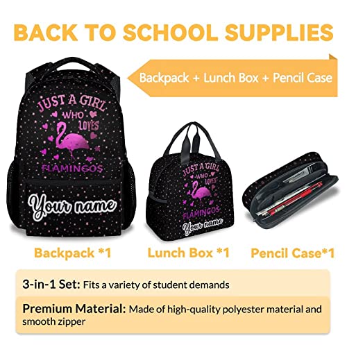 Personalized Flamingo Backpack with Lunch Box - Set of 3 School Backpacks Matching Combo - Cute Pink Bookbag and Pencil Case Bundle - color: Color-4-3