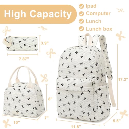 LEDAOU Kids Backpack for Girls Backpacks with Lunch Box, Lightweight Bookbag Set Elementary Middle School Back pack for 8-14 - color: Beige Bow