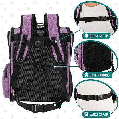 PetAmi Dog Backpack Carrier for Cats and Small Dogs, 4-Way Entry Ventilated Mesh Pet Carrier for Hiking Travel, Foldable Top with Sherpa Bed, Reflective and Poop Bag Dispenser, Up to 18 lbs, Purple - color: Purple