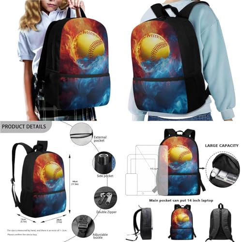 Yellow Baseball Flame Backpack for Child 4 Pieces Zippered Bookbag Set with Lunch Bag Pencil Case Kids School Bag Water Bottle Sleeve Casual Preschool Backpack - color: Yellow Baseball Flame