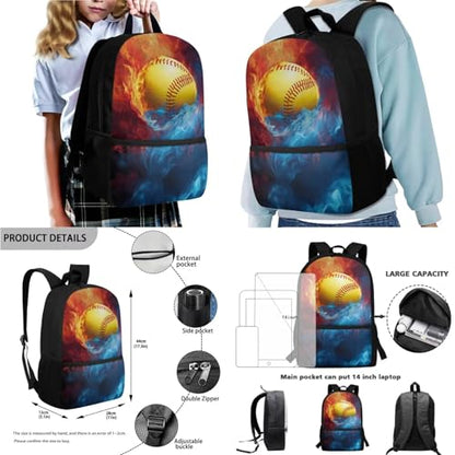 Yellow Baseball Flame Backpack for Child 4 Pieces Zippered Bookbag Set with Lunch Bag Pencil Case Kids School Bag Water Bottle Sleeve Casual Preschool Backpack - color: Yellow Baseball Flame