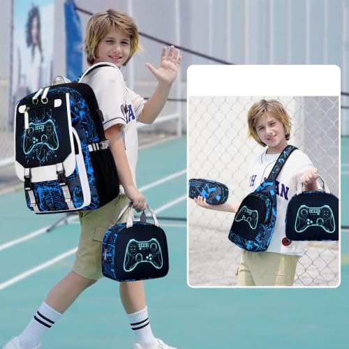 Bevalsa Backpack for Boys, Cool Luminous Boys Backpack with Sling Bag, Lunch Box & Pen Case, School Bags for Kids Children Teens Elementary Middle Schools, Bookbag Glow In The Dark (Blue Game) - color: Blue Game