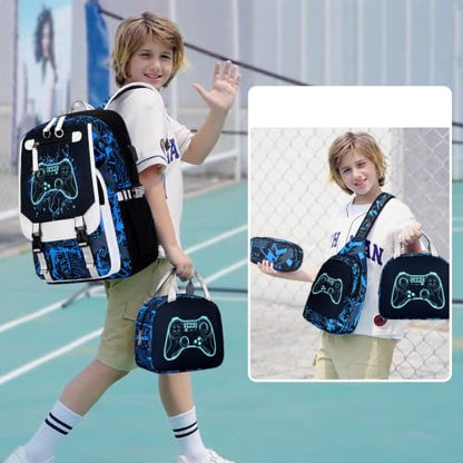 Bevalsa Backpack for Boys, Cool Luminous Boys Backpack with Sling Bag, Lunch Box & Pen Case, School Bags for Kids Children Teens Elementary Middle Schools, Bookbag Glow In The Dark (Blue Game) - color: Blue Game