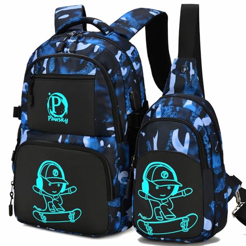 School Backpack for Boys, Waterproof Laptop Backpack with USB Charging Port, Anime Cartoon Luminous Backpack Lightweight Kids Bookbag for Teen Boys - style: Skateboard-4