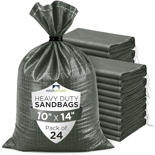 Heavy Duty Sand Bags Pack of 24, Army Green Empty Sandbags with Built-In Ties, Woven Polypropylene UV Protection 1600 Hours, Fillable Bags for Flood Control, Weight, 10x14 inches, 15 Pounds Volume - size: 10"W x 14"L, style: Pack of 24