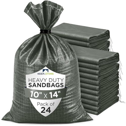 Heavy Duty Sand Bags Pack of 24, Army Green Empty Sandbags with Built-In Ties, Woven Polypropylene UV Protection 1600 Hours, Fillable Bags for Flood Control, Weight, 10x14 inches, 15 Pounds Volume - size: 10"W x 14"L, style: Pack of 24