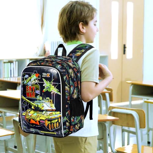HPJGD 3PCS Tank Backpack for Kids, Water Resistant Boys Bookbag Set with Lunch Box, Cool School Bag for Elementary Preschool Toddler - Green Tank - color: Cool Uv Printed Mighty Tank Green