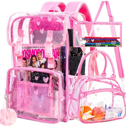 3PCS Pink Clear Backpack, Heavy Duty Transparent Bookbag for Girls Women, Stadium Approved See Through Backpack Set (Pink Love) - color: Pink Love