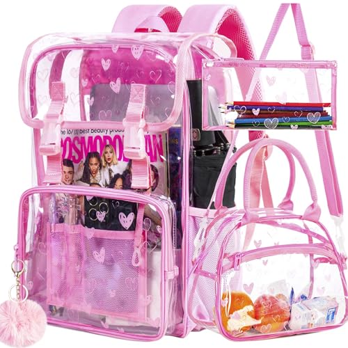3PCS Pink Clear Backpack, Heavy Duty Transparent Bookbag for Girls Women, Stadium Approved See Through Backpack Set (Pink Love) - color: Pink Love