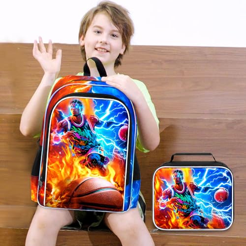 AGSDON 3PCS Boys Backpack for Boys, 17" Kids Bookbag with Lunch Box for Boy,Basketball Flame Thunder Backpacks Water Resistant and Lightweight for Teen - color: Basketball 01