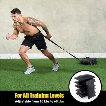 Elite Twin Sand Bag Sled Workout Sled – Waterproof UNFILLED Weight Sled Trainer with 6-Level 10–60 lb Resistance Pull System, Adjustable Waist Strap for Speed, Strength, Endurance & Agility Training