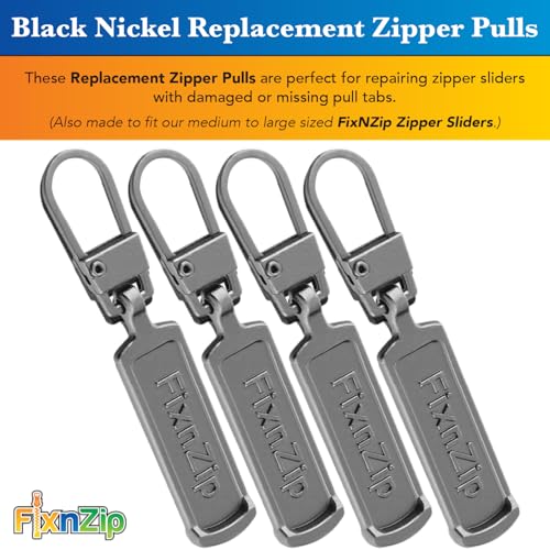 FixNZip Medium to Large Black Nickel Zipper Pull Replacements (4-Pack) | Universal Clip-On Pull Tabs for Zipper Repair, Sliders & Luggage, Jackets, Backpacks, Tents, Sleeping Bags & Outdoor Gear - color: Black Nickel