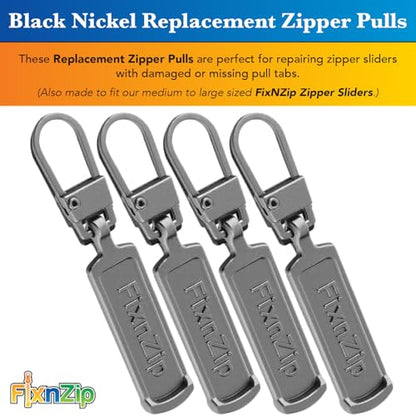 FixNZip Medium to Large Black Nickel Zipper Pull Replacements (4-Pack) | Universal Clip-On Pull Tabs for Zipper Repair, Sliders & Luggage, Jackets, Backpacks, Tents, Sleeping Bags & Outdoor Gear - color: Black Nickel