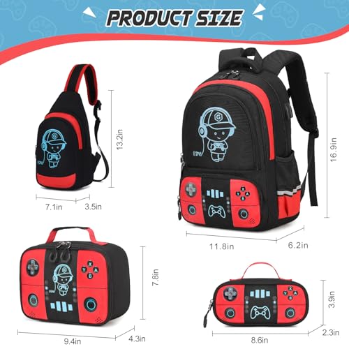 Bevalsa Backpack for School Boys, Cool Luminous Gamer Boys Schoolbag with Sling Bag,Lunch Box & Pencil Case for Kids Children Teens Elementary Middle School(Red Backpack with Shoulder Bag) - color: Red, style: Backpack With Shoulder Bag