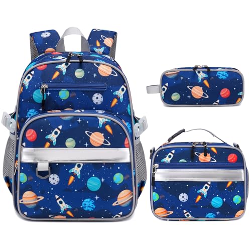 3PCS Boys Backpack Ages 5-8 with Lunch Bag & Pencil Case, Toddler School Backpack for Kids Boys - 15inch Backpack Boy Bookbag for Preschool Kindergarten Elementary School - color: Rocket & Planet