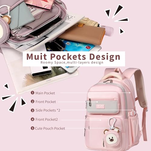 Leaper Preppy Backpack for Teens : 18.5 inch Bookbag Multi-pocket for School Daily -Water Resistant Anti Theft Middle Highschool Student - Aged 10-16 - Gifts for Girls and Kids(Pink) - color: Pink -9802
