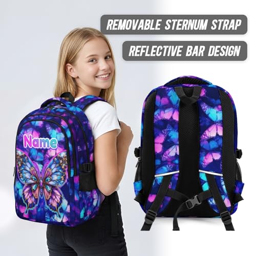 Backpack for School Custom Butterfly Backpacks for Kids Back to School, 17 Inch Glitter Bookbag with Name for Travel Picnic - color: Purple2
