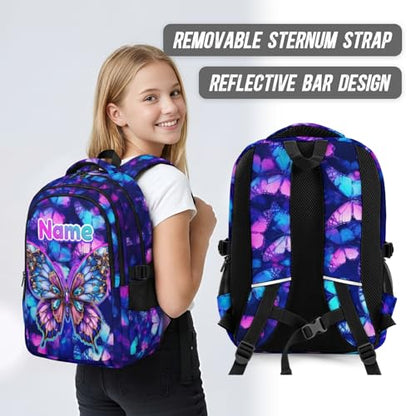Backpack for School Custom Butterfly Backpacks for Kids Back to School, 17 Inch Glitter Bookbag with Name for Travel Picnic - color: Purple2