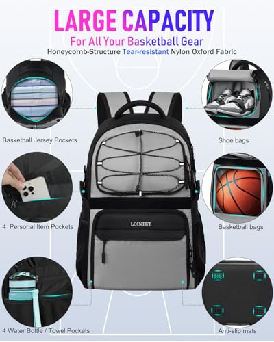 LOINTET Basketball Bag Backpack with Ball Holder Shoes Compartment, Large Basketball Accessories Sports Bag - color: Grey