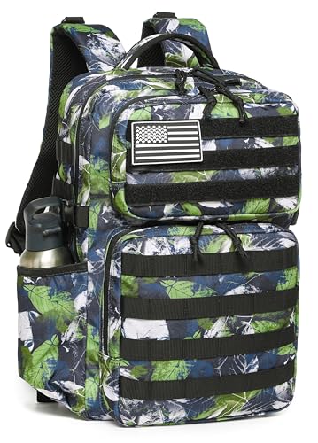 Wotony Military Tactical Backpack for Men Waterproof Daypack 3 Day Assault Pack Molle Bag with Water Bottle Holder - color: Green Leaves, size: 30L