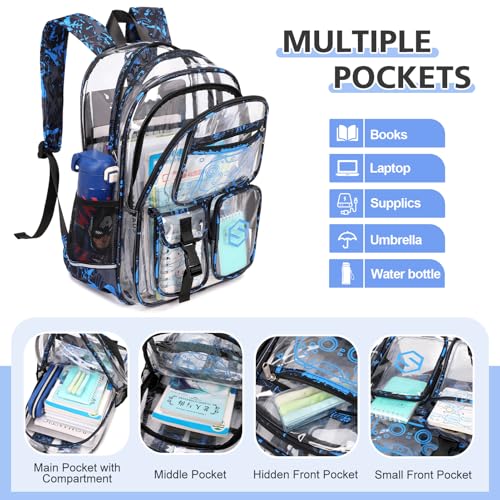 DIGOBAY 3PCS Cool Luminous Clear Backpack for Boys Kids, Gamer Clear Bookbag for School, See Through PVC Transparent Backpacks with Lunch Bag Pencil Case, Backpack Heavy Duty for School Stadium - color: Blue Camo