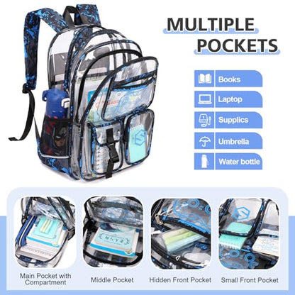 DIGOBAY 3PCS Cool Luminous Clear Backpack for Boys Kids, Gamer Clear Bookbag for School, See Through PVC Transparent Backpacks with Lunch Bag Pencil Case, Backpack Heavy Duty for School Stadium - color: Blue Camo