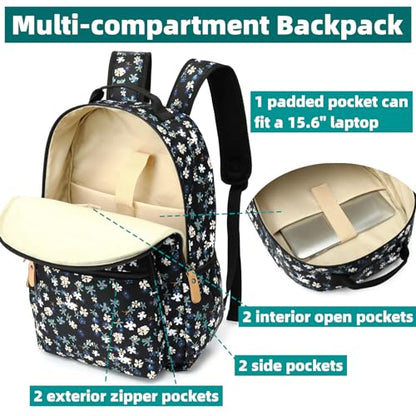 Leaper Water-resistant Floral Laptop Backpack Women Travel Bag Bookbags Satchel (Dark Blue-White Flower2) - color: Dark Blue-white Flower2, size: Large