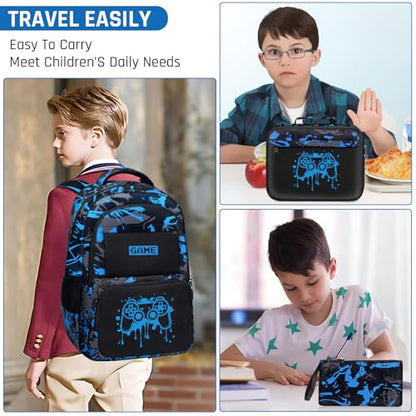 School Backpack for Boys - Game Boys Backpack for Kids Children Teens Elementary Middle School - 17″ Gamer Bookbag Travel Back Pack for Age 6-18 - color: Game003-backpack Set