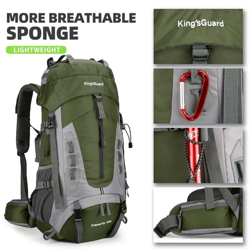 King'sGuard 60L Hiking Backpack for Men and Women Lightweight Camping Hiking Backpack with Rain Cover Large Waterproof Travel Backpack Backpacking Pack (Army Green) - color: Army Green
