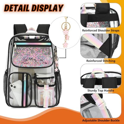 Clear Backpack for Girls Women, PVC Transparent School Backpacks See Through Bookbag for Stadium Sport Travel (Black) - color: Black