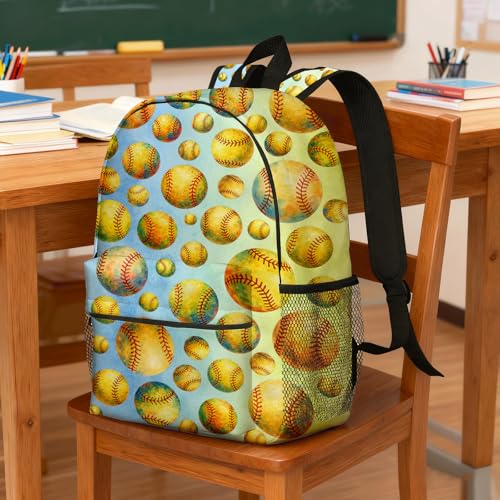 Softball Backpack for Kids & Youth, 16 Inch Tennis-Themed School Bookbag, Lightweight Polyester Daypack with Front Zip Pocket, Side Bottle Pocket, Padded Adjustable Straps, Unisex - color: Softball