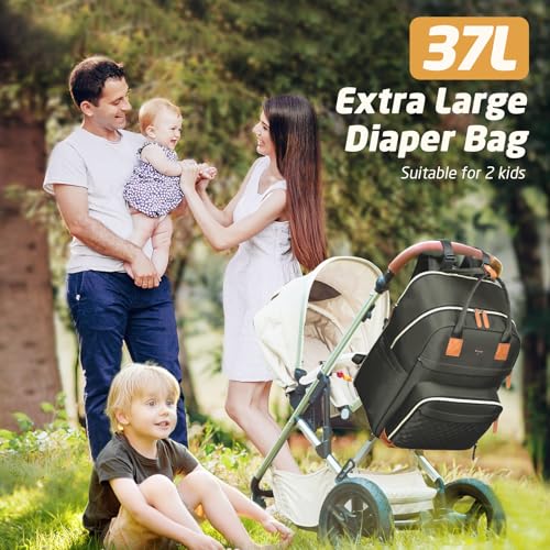 Diaper Bag Backpack - Extra Large Diaper Bag for 2 Kids Twin, Travel Baby Bags for Mom Dad 25-37L Expandable with Changing Pad Earphone Hole, Solid Green - color: Solid Green