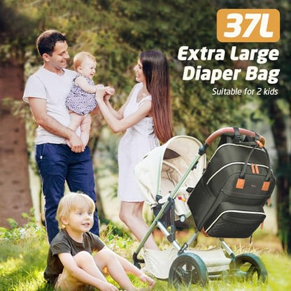 Diaper Bag Backpack - Extra Large Diaper Bag for 2 Kids Twin, Travel Baby Bags for Mom Dad 25-37L Expandable with Changing Pad Earphone Hole, Solid Green - color: Solid Green