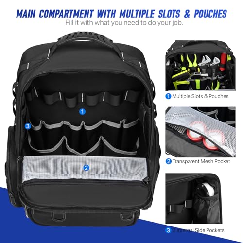 Tool Backpack,Heavy Duty Tool Bags for Men,Tool Storage Organizer Bag With 3 Tool Pouches for Electrician/Industrial/Construction/Tactical/Hvac Techs/Repairman Work