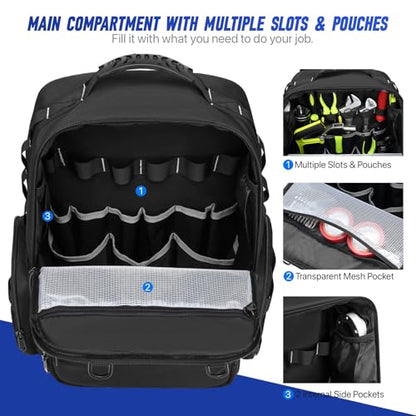 Tool Backpack,Heavy Duty Tool Bags for Men,Tool Storage Organizer Bag With 3 Tool Pouches for Electrician/Industrial/Construction/Tactical/Hvac Techs/Repairman Work