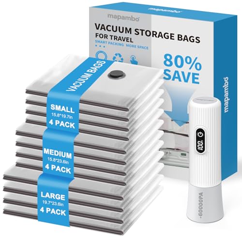 Mapambo Vacuum Seal Bags for Clothing Travel with -60000Pa LED Pump, 12 Pack Travel Cordless Vacuums Bag Set with Pump in 3 Combo Sizes. Vacuums Storage Bags for Clothes (12 Combo) - size: 12 Combo