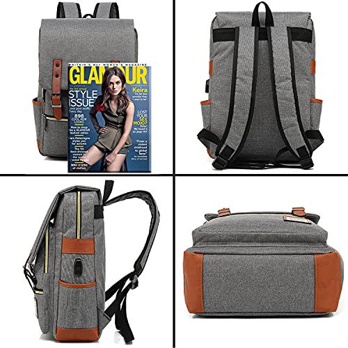 UGRACE Laptop Backpack, Grey, Unisex, 15.6" Laptop Compartment, 6 Compartments, USB Charge Port, Adjustable Shoulder Strap, PU Leather Belt - color: Grey