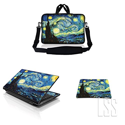 LSS 15-15.6" Laptop Sleeve Bag with Matching Laptop Skin Sticker & Mouse Pad Combo | Carrying Case for 14" 15" 15.6" - Starry Night - color: Starry Night, size: 15 inch