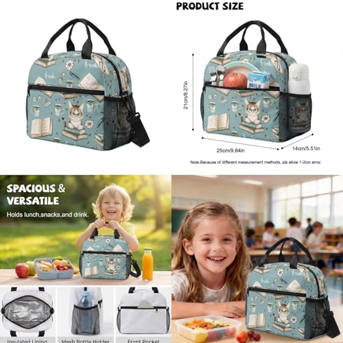 Book Cat Backpack for Girls 10-12 Kids School Backpack with Lunch Box Water Bottle Holder Pencil Case 4 Pieces Set Elementary School Backpacks for Girls Bookbag with Adjustable Straps - color: Book Cat