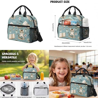 Book Cat Backpack for Girls 10-12 Kids School Backpack with Lunch Box Water Bottle Holder Pencil Case 4 Pieces Set Elementary School Backpacks for Girls Bookbag with Adjustable Straps - color: Book Cat