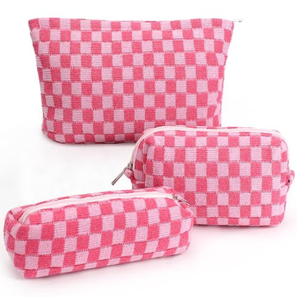 3 Pcs Makeup Bag Cosmetic Bag Set for Girls Women Checkered Travel Organizer Bathroom Toiletry Pouch Large Capacity Storage Bag (Rose-Red) - color: Rose-Red