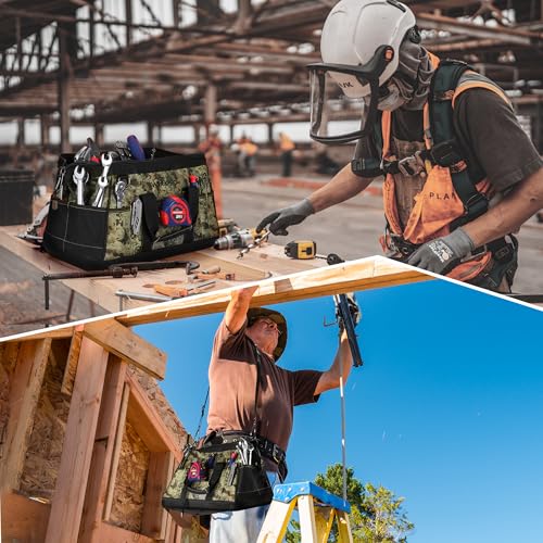 WORKPRO 16-Inch Wide Mouth Tool Bag with Water Proof Molded Base | Multi-Pocket Tool Bags for Men, Adjustable Shoulder Strap, Waterproof Oxford Fabric - color: Camouflage