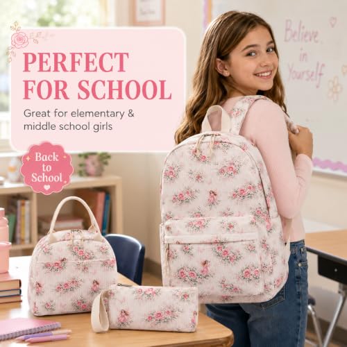 BTOOP School Backpacks for Teen Girls Bookbags Lightweight Kids Backpack School Bags Set with Lunch Box Pencil Case - color: Pink Flroal Fairy